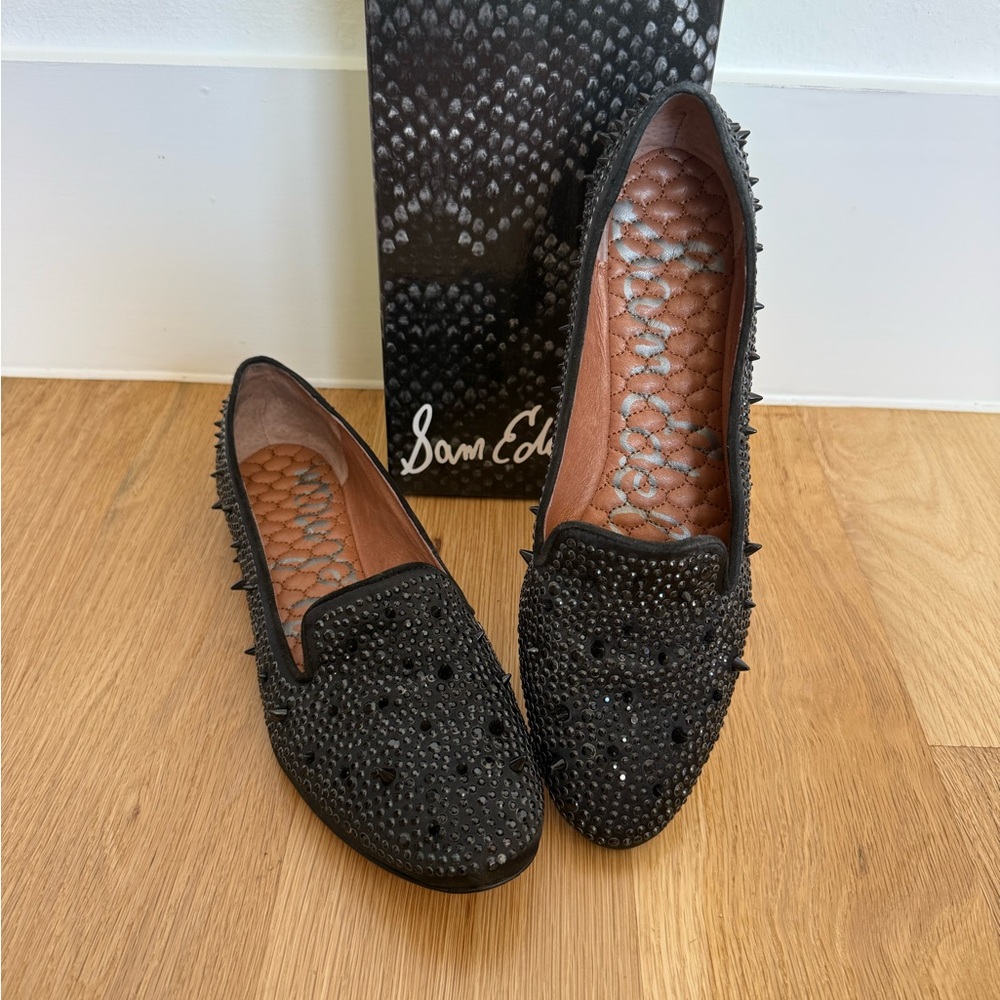 Sam Edelman Black Studded and Spiked Satin Loafers/ Flats